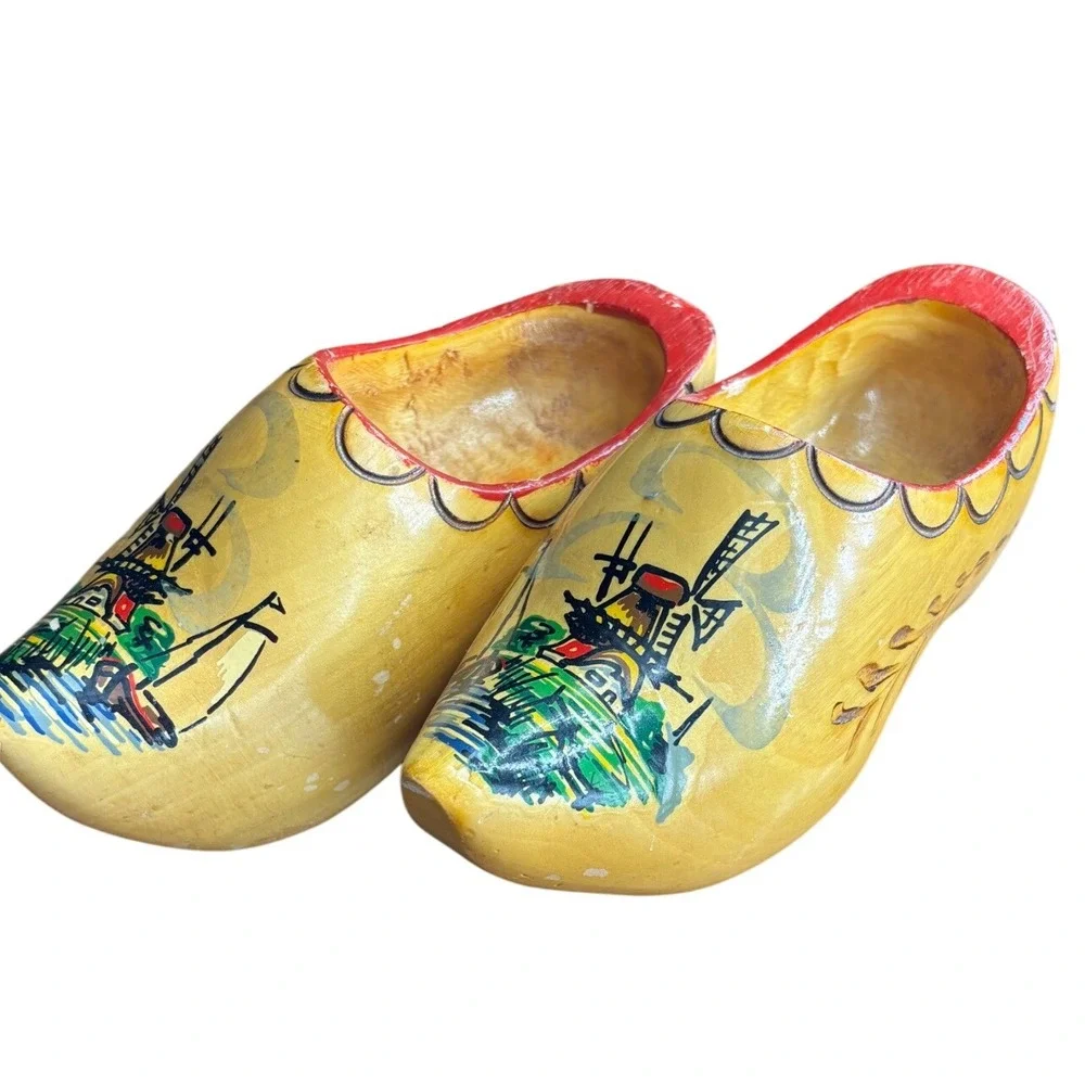 Yellow Wooden‎ Clogs Dutch Holland Windmill Scene Hand Painted Souvenir Shoes